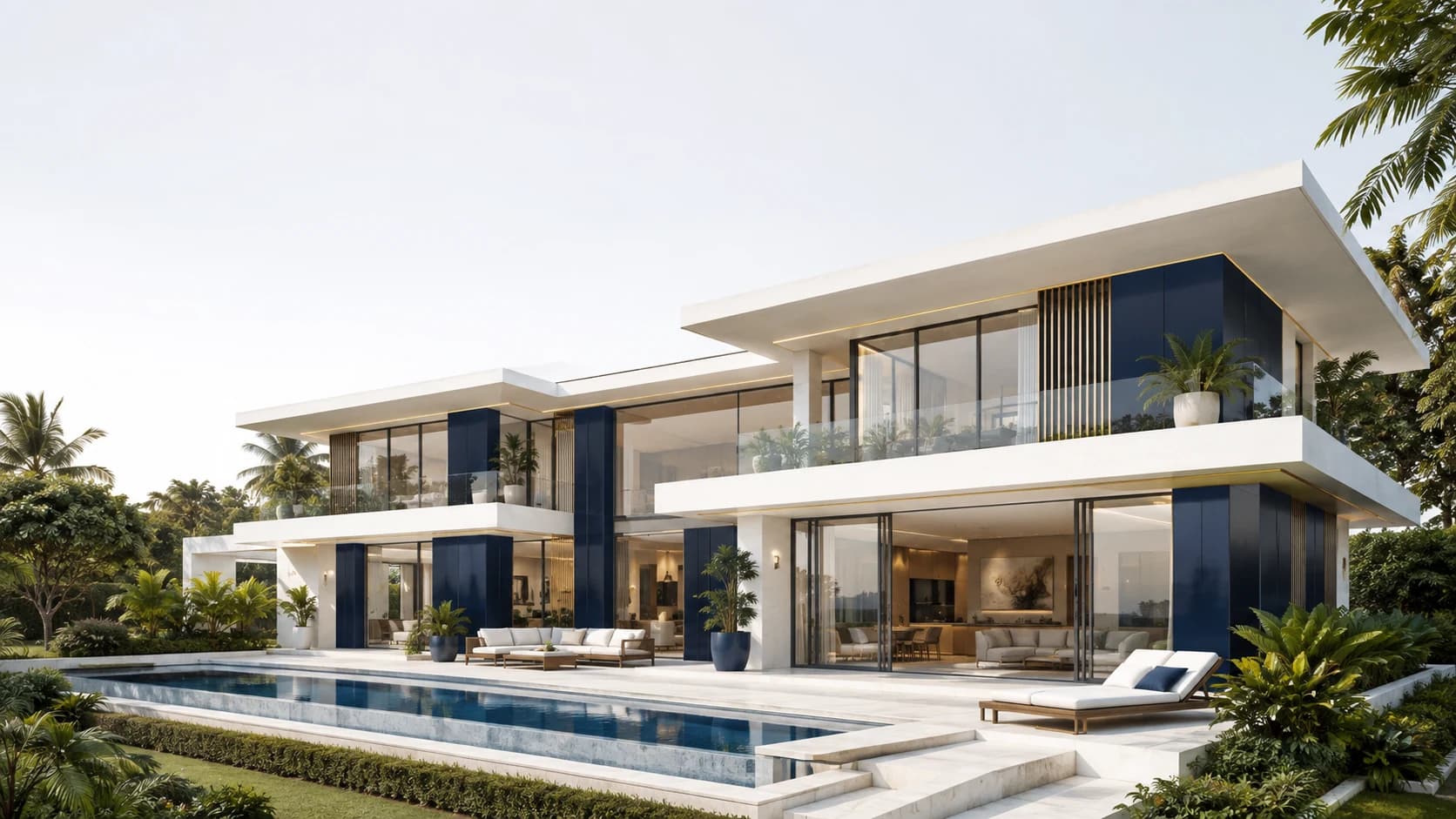 Architectural concept of a contemporary white and navy Phuket villa with a pool